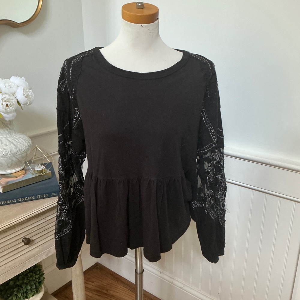 Free People Black Peplum Top Embroidered Lace Long Sleeve Cotton Boho Small